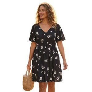 Torrid Dress Black Midi Plus 1X Floral Flutter Sleeve V-Neck Elastic Waist Boho